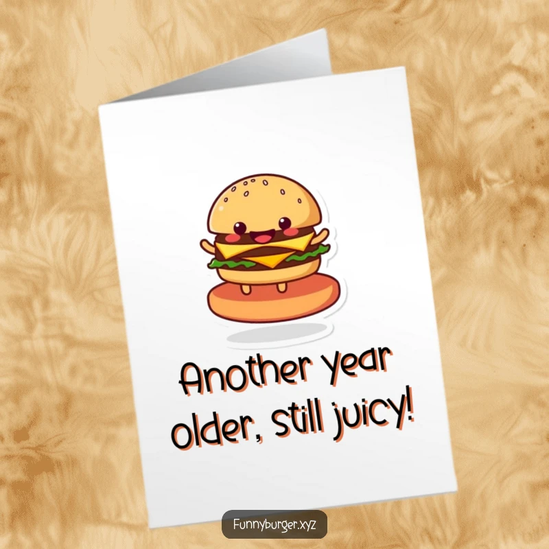 Funny Free Printable Birthday Card featuring a smiling anthropomorphic burger spinning with glee on a stylized patty.