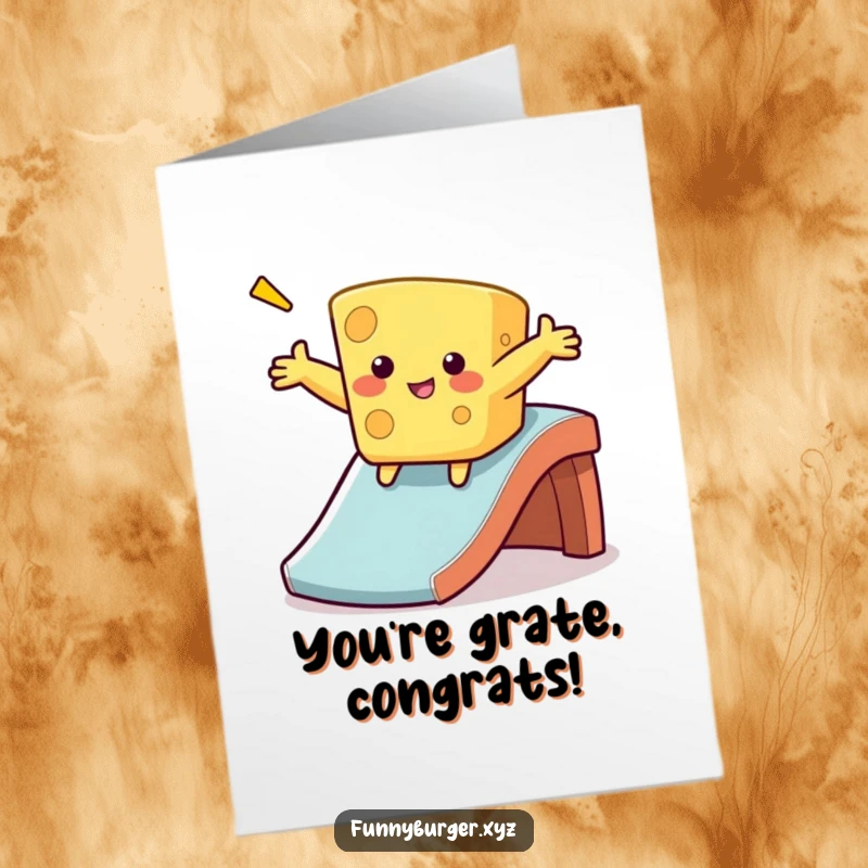 Funny Free Printable Congratulations Card: a wobbly cheese character slides down a slide with arms open wide.