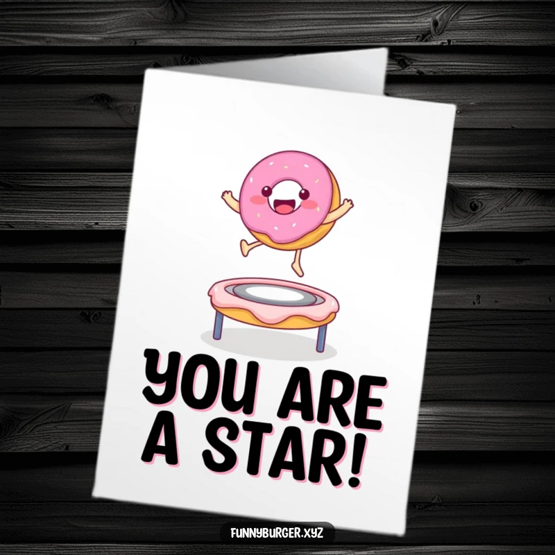 Funny Free Printable Congrats Card: A happy donut character gleefully bouncing on a frosting trampoline, celebrating a big win.