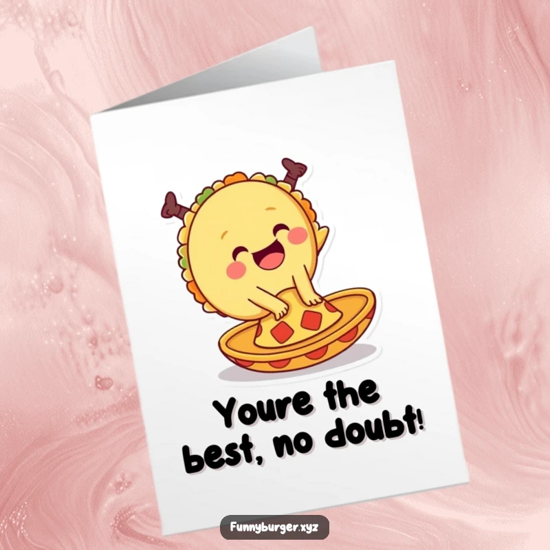 Funny Free Printable Congratulations Card featuring a happy taco performing a cartwheel upon a small sombrero.