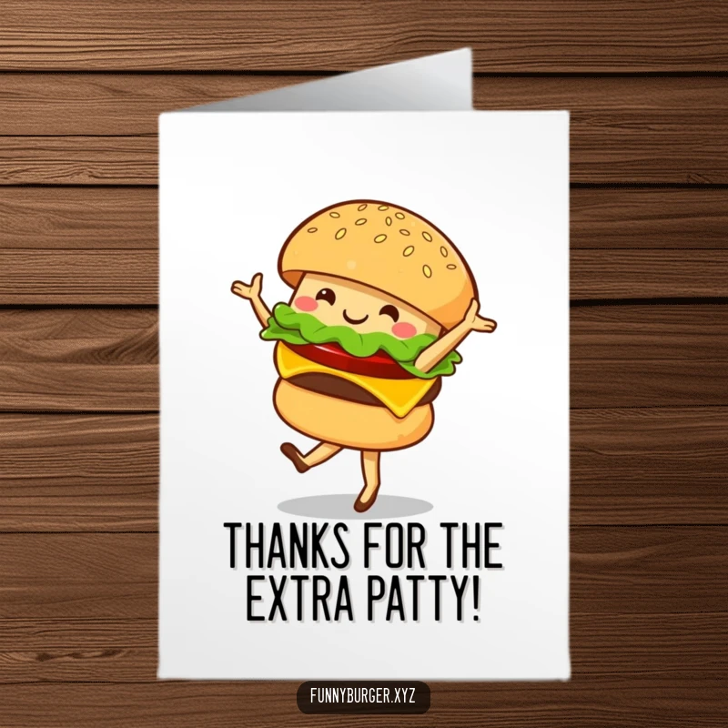 Funny Free Printable Thank You Card: A smiling burger character performing a graceful ballet twirl, a cheesy thank you.