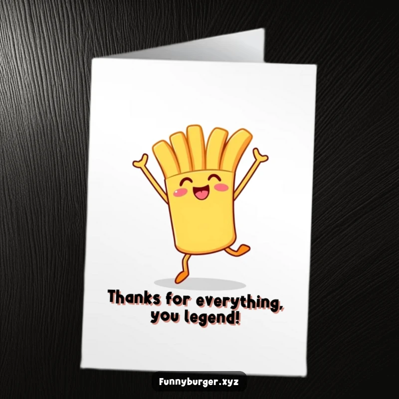 Funny Free Printable Thank You Card of a french fry character energetically hopping and raising its arms in thanks.