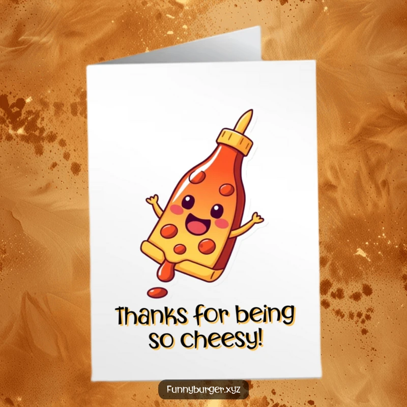 Funny Free Printable Thank You Card of a pizza slice joyfully sliding down a ketchup bottle with a smile.