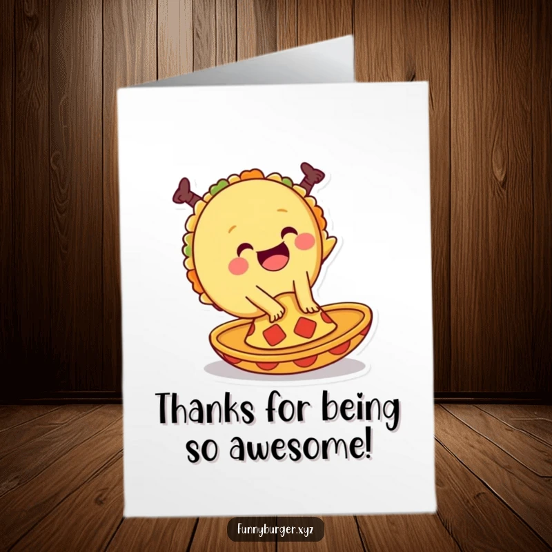 Funny Free Printable Thank You Card of a giggling taco executing a cartwheel on a miniature sombrero.