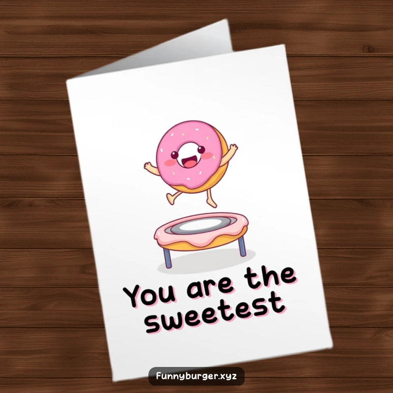 Funny Free Printable Thank You Card: Happy donut character bouncing on a frosting trampoline, sending sweet thanks with sprinkles.