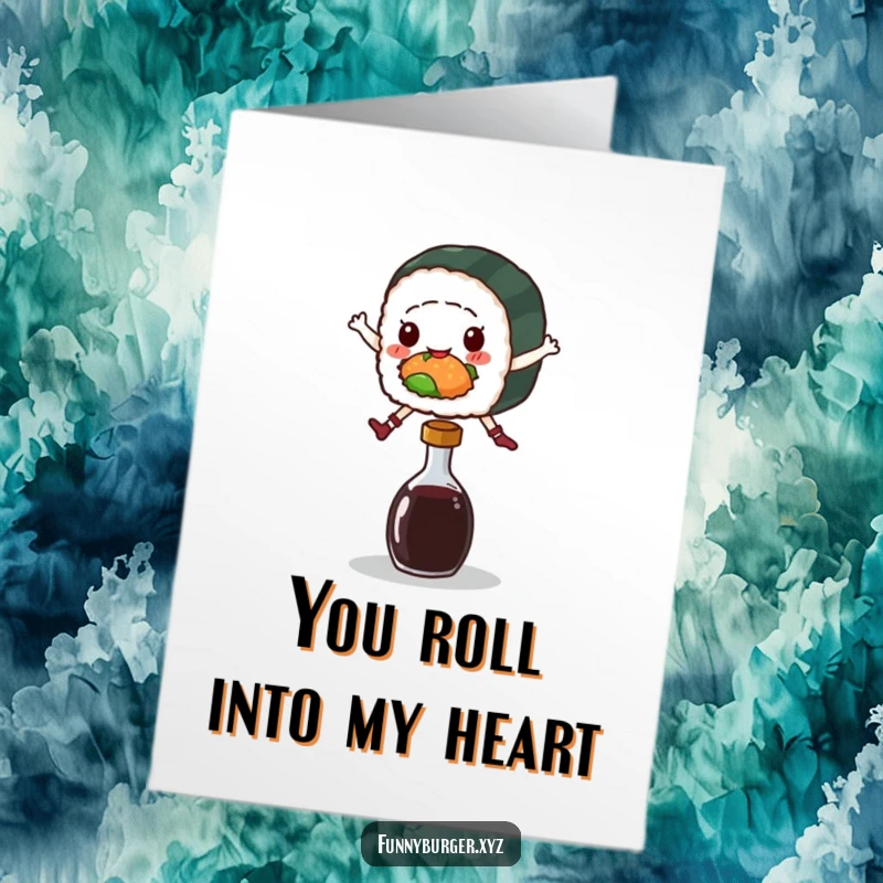 Funny Free Printable Thank You Card: A happy sushi roll character mid-jump over a soy sauce bottle, conveying thanks.