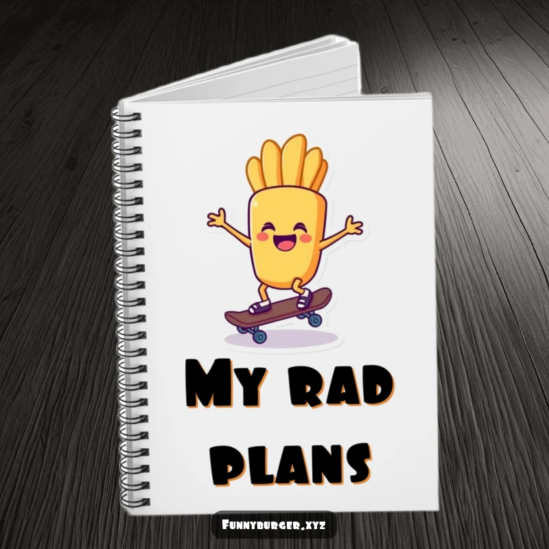Funny notebook cover featuring a french fry character riding a tiny skateboard, ideal for jotting down cool ideas.