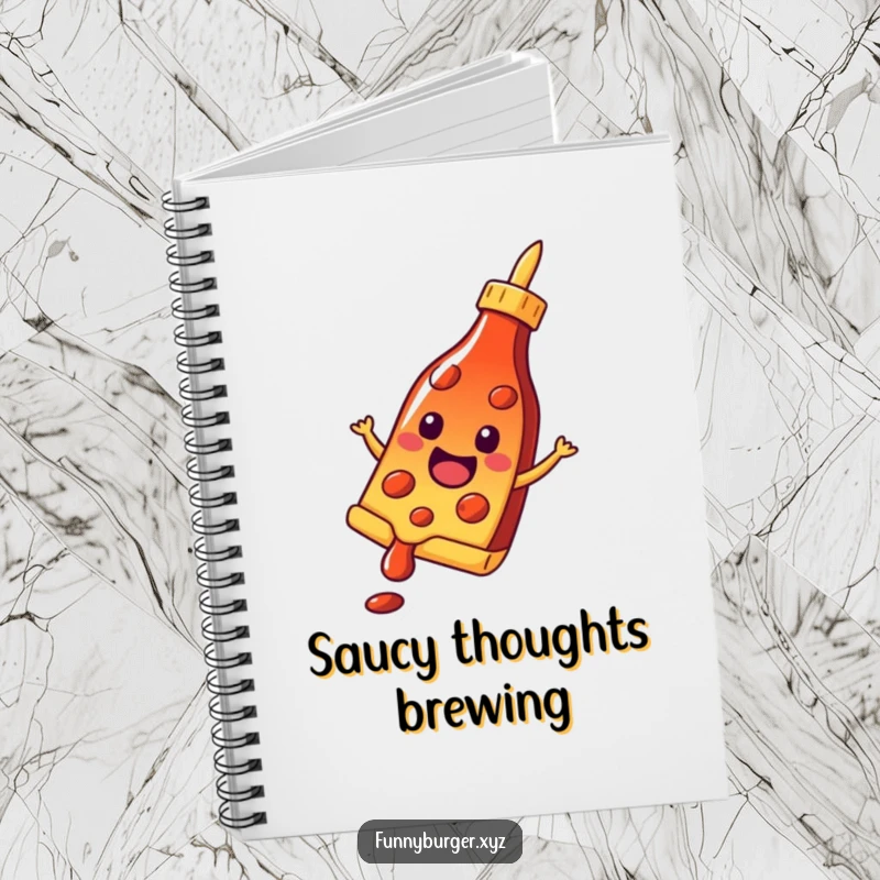 Funny notebook with a happy pizza slice sliding down a ketchup bottle, ready for all your culinary plans and daily notes.