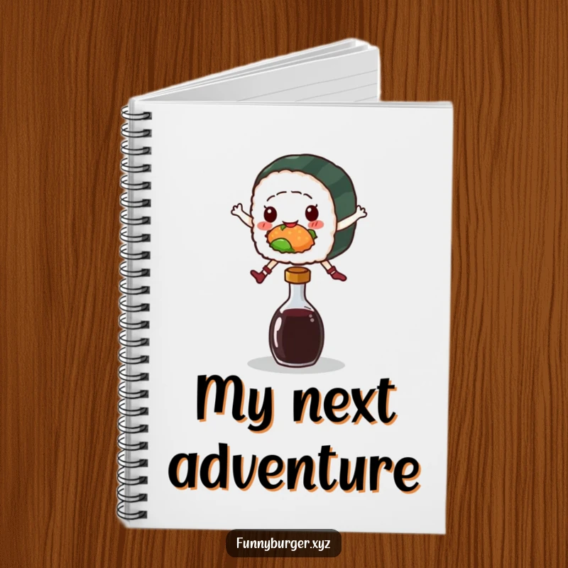 Funny notebook cover featuring a sushi roll character leaping over a soy sauce bottle, ideal for jotting down fun ideas.