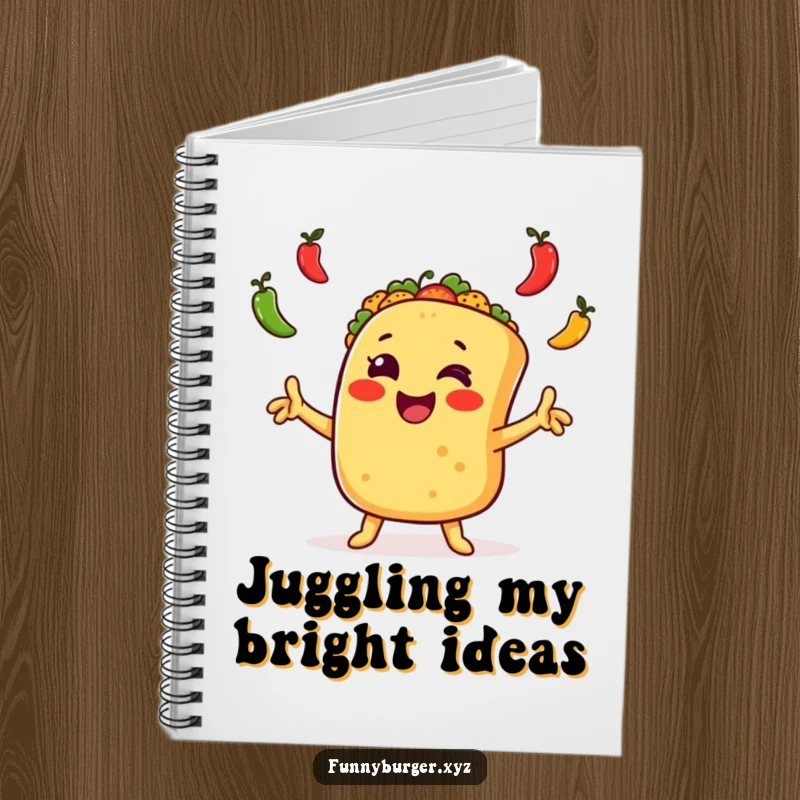 Funny taco juggling notebook with an excited, anthropomorphic taco waving arms and juggling peppers, perfect for humorous note-taking.