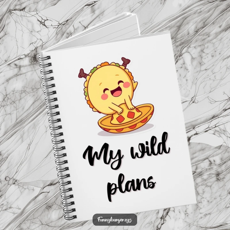 Funny notebook with a giggling anthropomorphic taco doing a cartwheel on a sombrero, ready for all your culinary plans and notes.