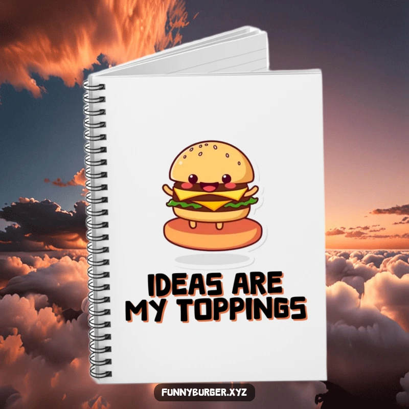 Funny notebook with a happy anthropomorphic burger spinning on its patty, ready to record your thoughts and doodles.