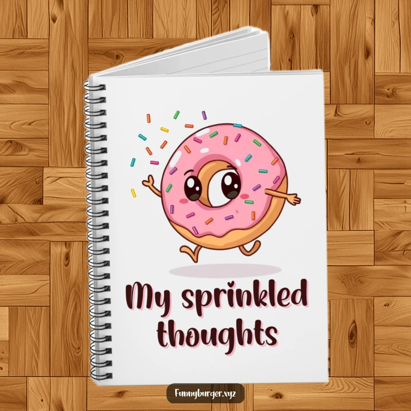 Funny donut cartwheel notebook with an anthropomorphic donut doing a cartwheel and showering sprinkles, perfect for humorous note-taking.