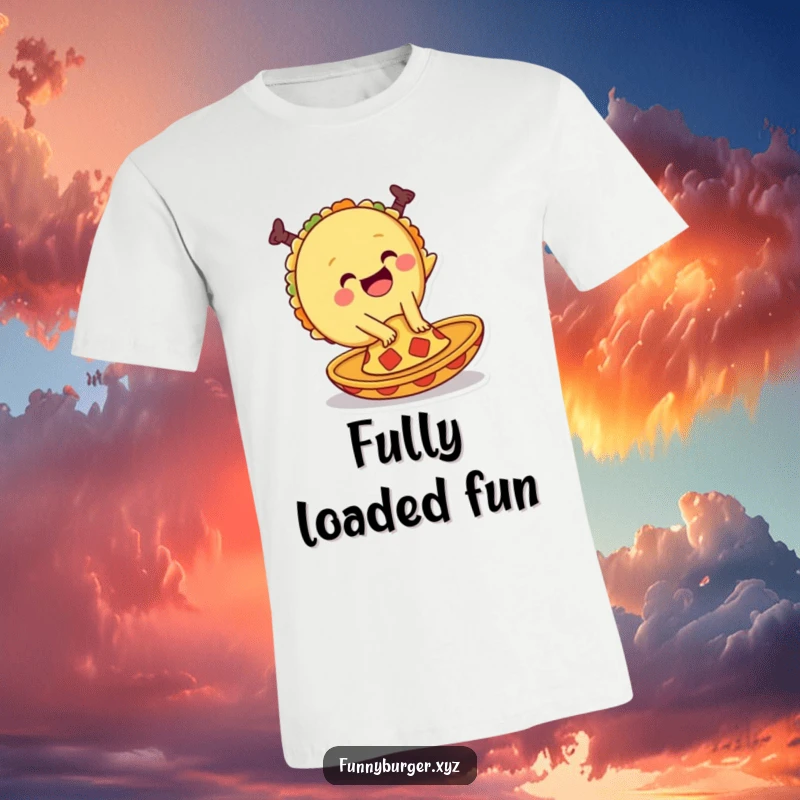 Funny t-shirt showcasing a giggling anthropomorphic taco performing a cartwheel on a miniature sombrero, full of spicy cheer.