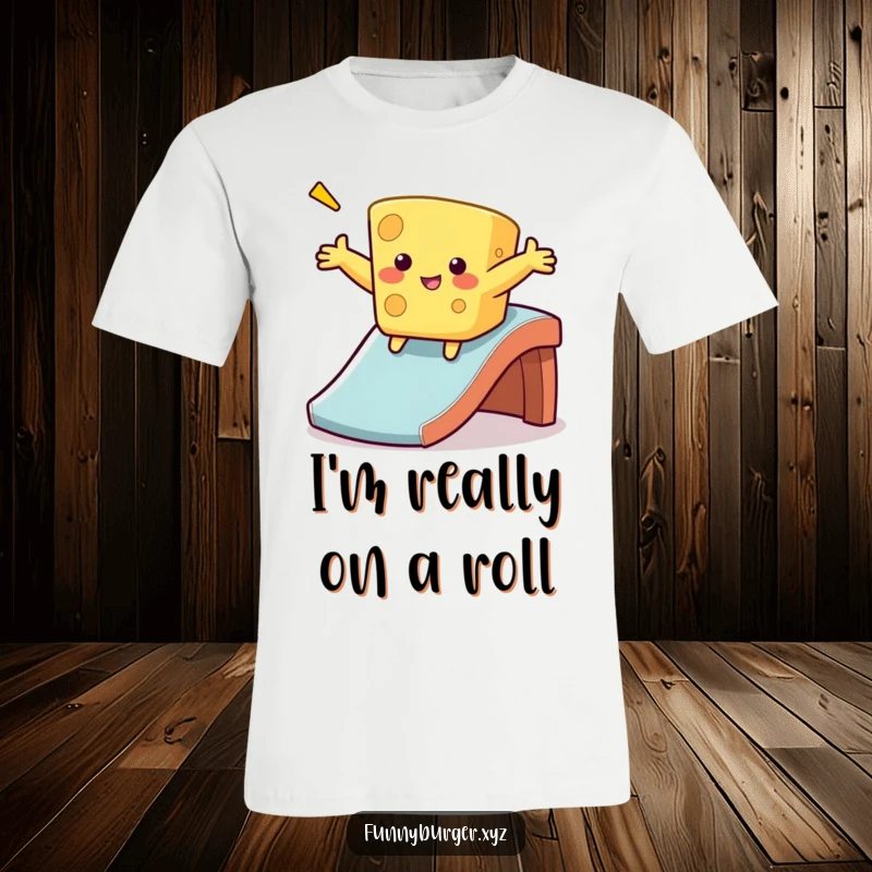 Funny cheese sliding t-shirt with a wobbly, anthropomorphic cheese sliding down a slide, ideal for a humorous clothing gift.