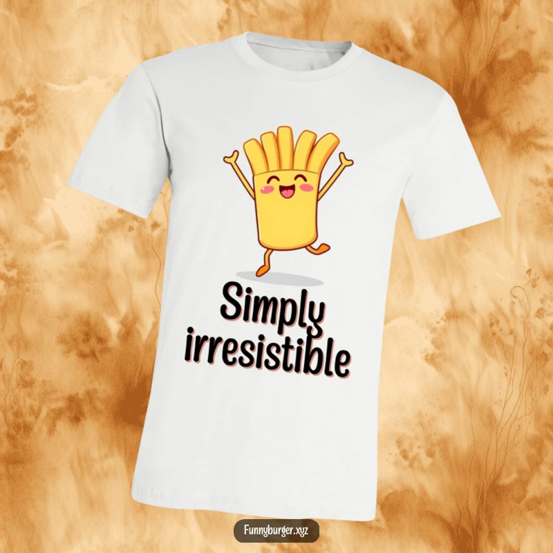 Funny t-shirt showcasing a french fry character in a lively hop, arms in the air, celebrating its starchy goodness.