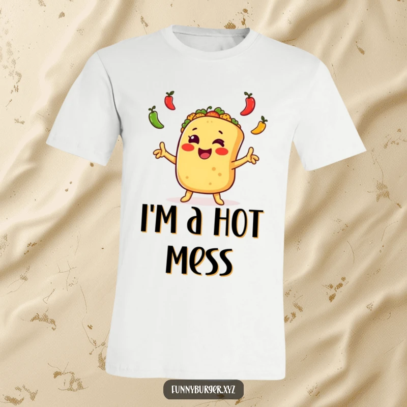 Funny taco juggling t-shirt with an excited, anthropomorphic taco waving arms and juggling peppers, perfect for a humorous clothing gift.