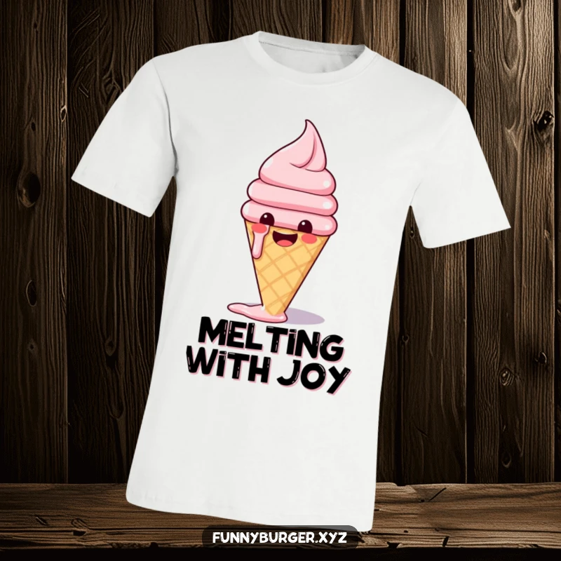 Funny t-shirt showcasing a happy ice cream cone melting with a look of absolute glee, celebrating sweet indulgence.