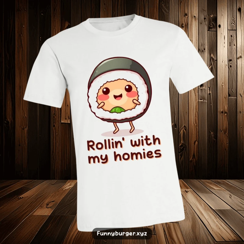 Funny sushi roll t-shirt with a smiling, anthropomorphic sushi doing a goofy dance, designed for humorous and fun gifting.