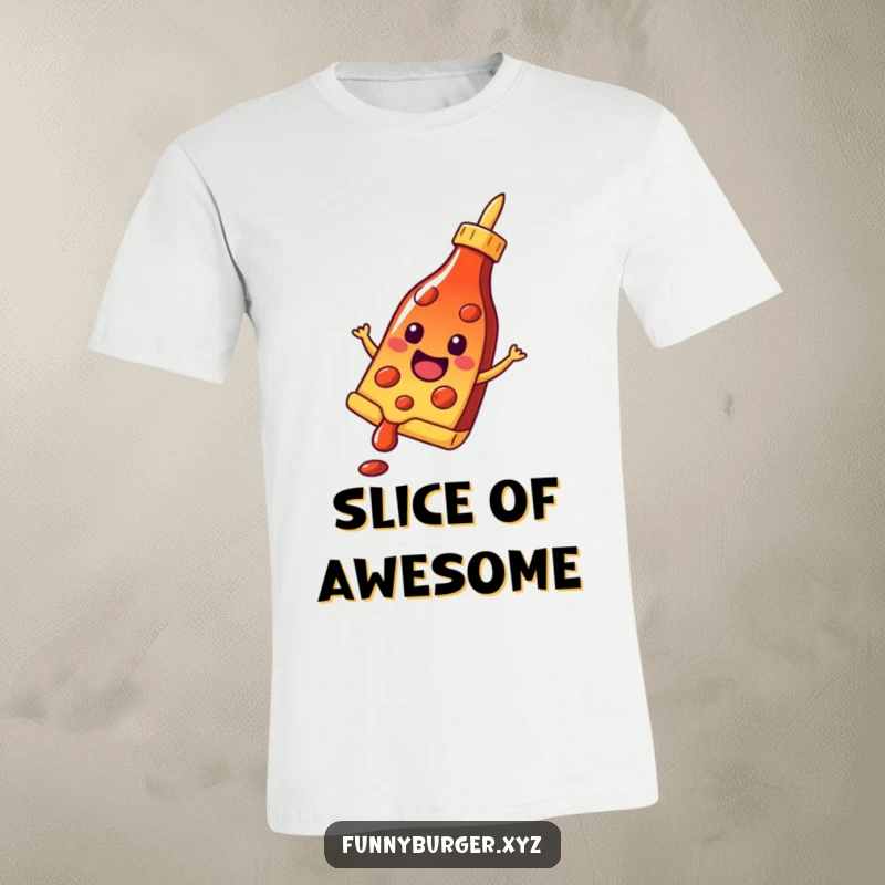 Funny t-shirt showcasing a cheerful anthropomorphic pizza slice gracefully sliding down a ketchup bottle, a cheesy-good time.