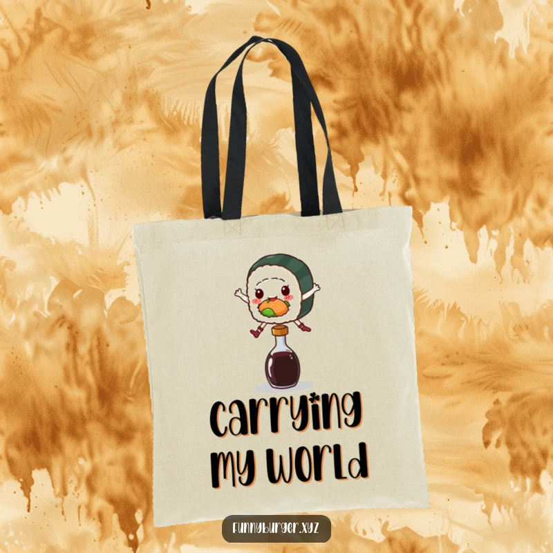 Funny tote bag featuring a sushi roll character leaping over a soy sauce bottle, a stylish and amusing accessory.