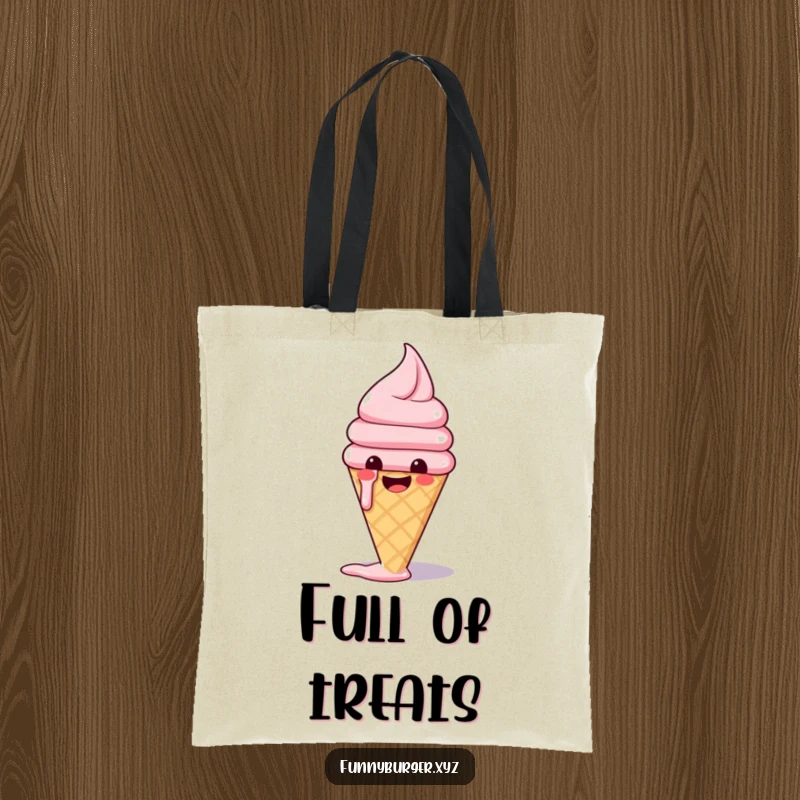 Funny tote bag illustrating a happy ice cream cone melting with glee, ready to carry all your treats and treasures.