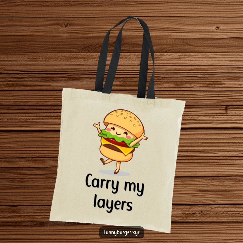 Funny tote bag showcasing a burger character gracefully twirling in ballet, a stylish and humorous accessory.