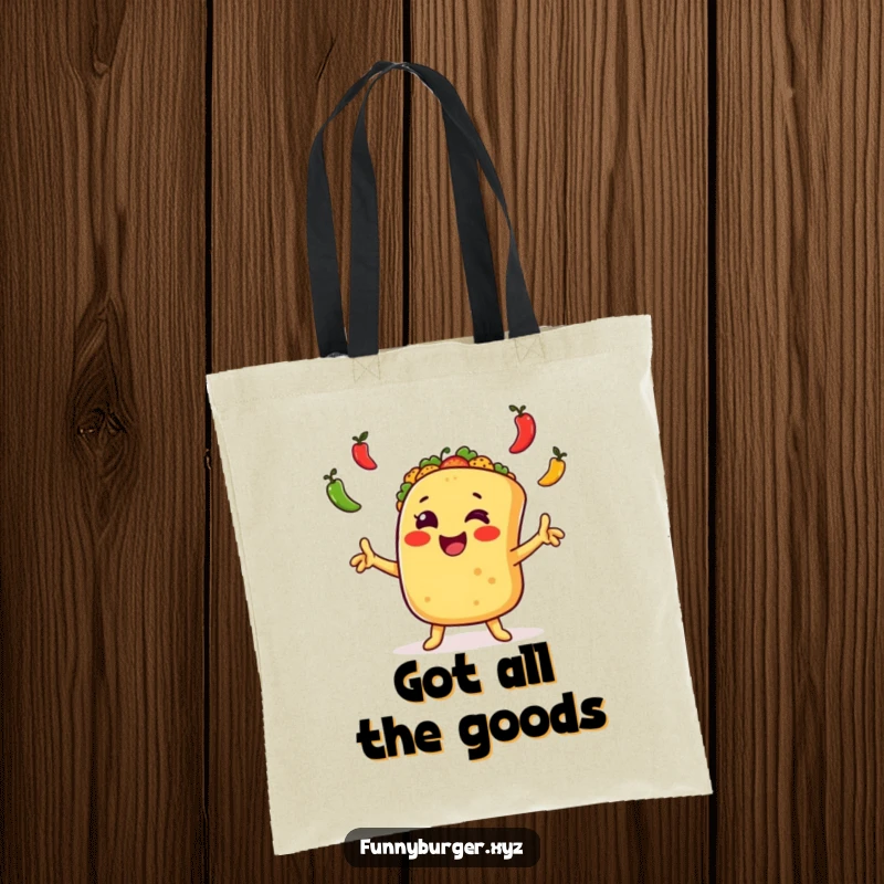 Funny taco juggling tote bag with an excited, anthropomorphic taco waving arms and juggling peppers, perfect for a humorous shopping gift.