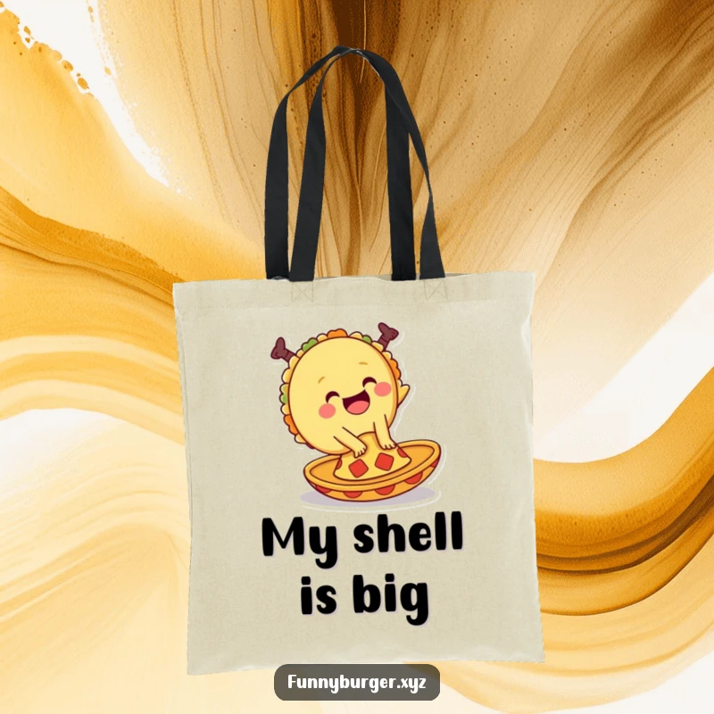 Funny tote bag illustrating a giggling taco in mid-cartwheel on a small sombrero, ready for any festive outing.