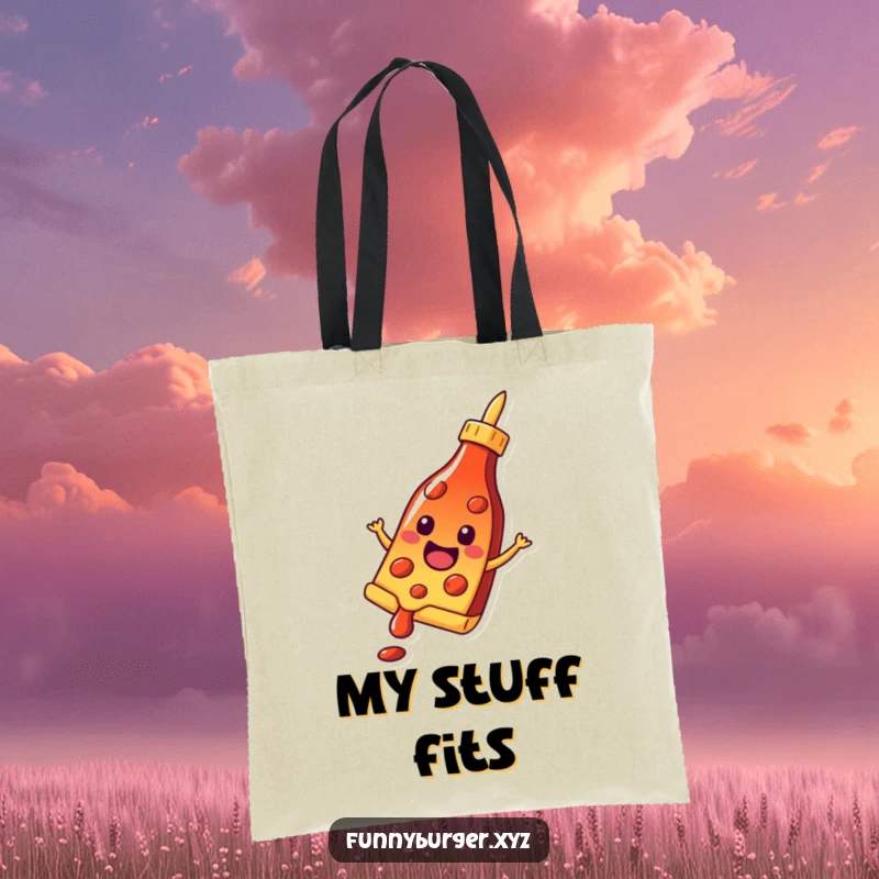 Funny tote bag illustrating a cheerful pizza slice gleefully sliding down a ketchup bottle, ready for any adventure.